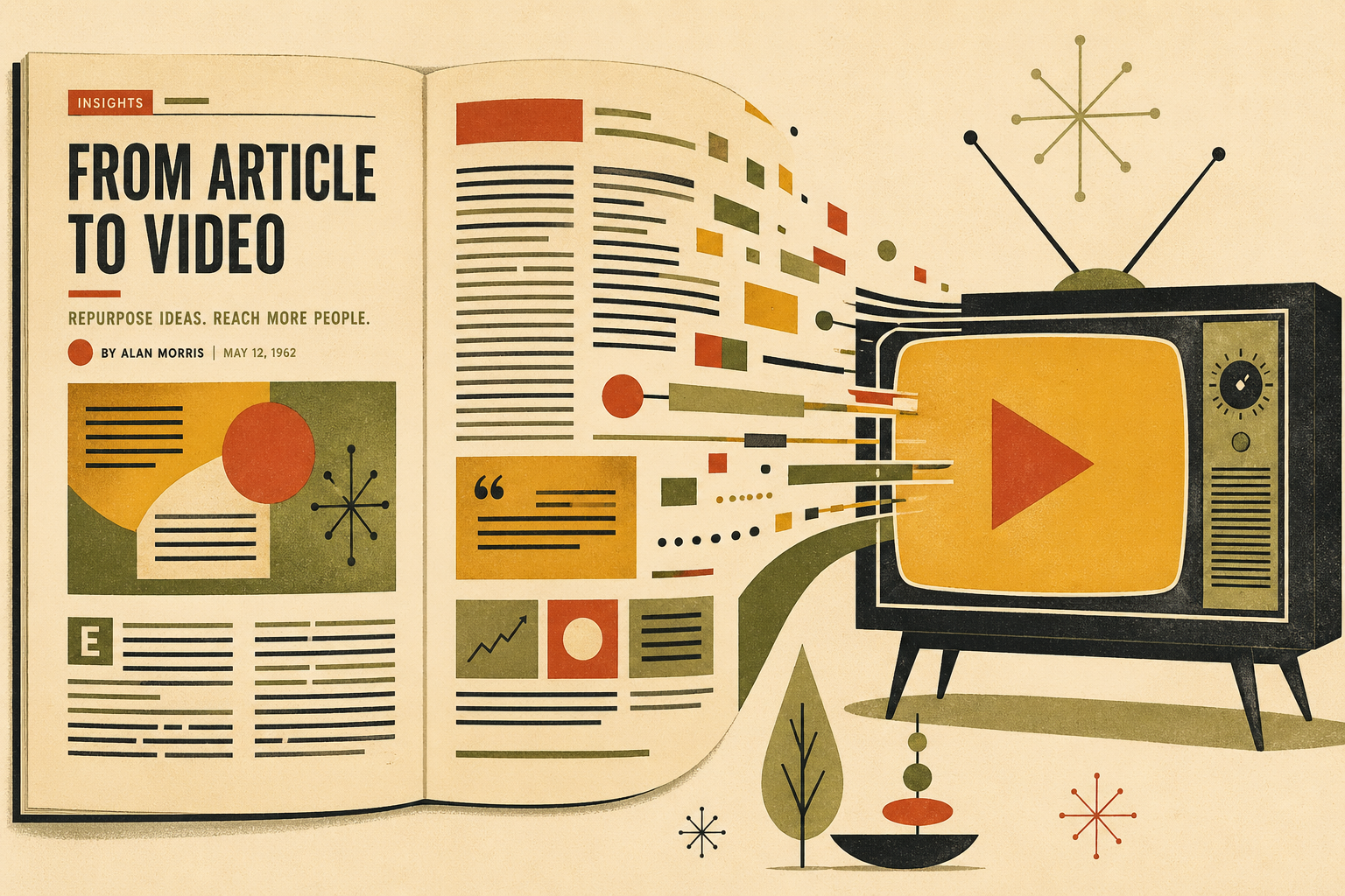 Mid-century modern illustration of a published blog post on a magazine page transforming into a video player frame, with vintage typography and warm muted color palette