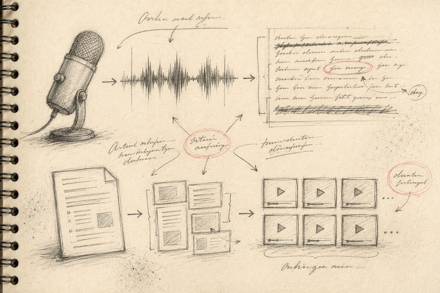 Hand-drawn pencil sketch illustration of two parallel workflow tracks — one with a microphone and waveform being edited transcript-style, the other with a document being rendered into video — soft graphite shading and notebook-paper texture