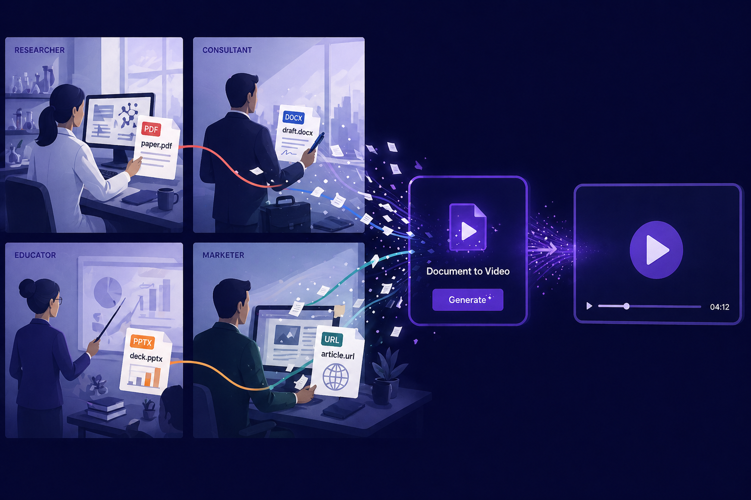 Editorial illustration of four professionals — a researcher, a consultant, an educator, and a marketer — each holding a different document type (PDF, Word, PowerPoint, URL), all flowing into a single AI explainer video