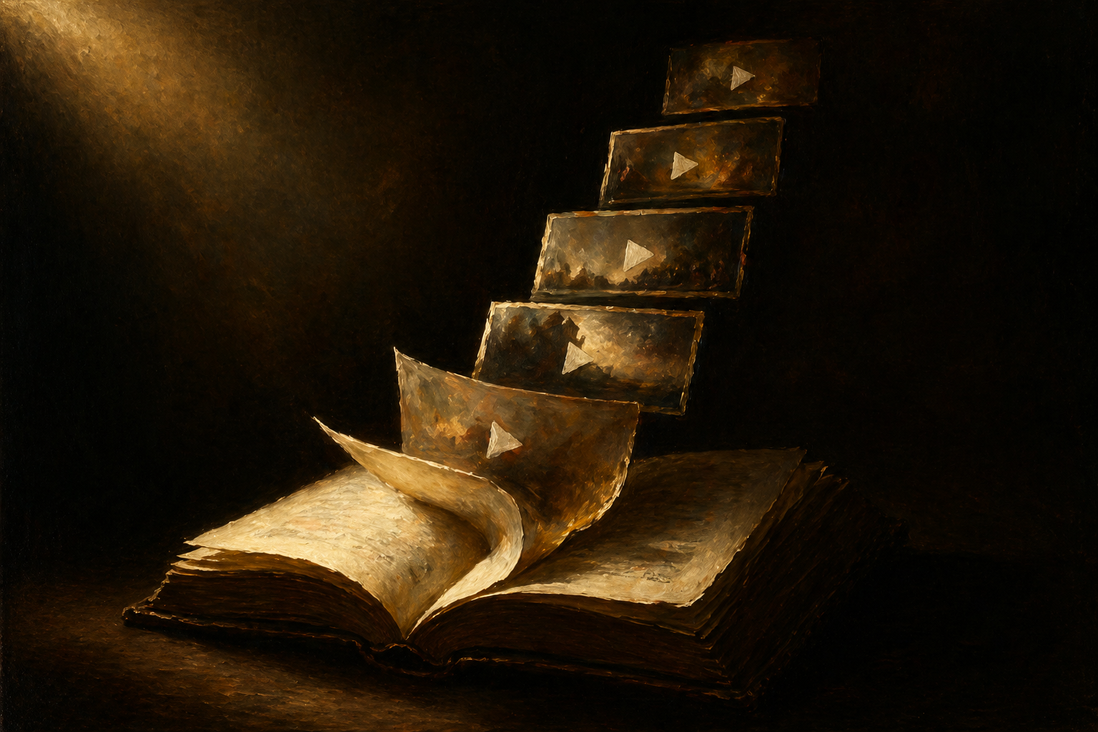Chiaroscuro-lit illustration of an open ebook with chapters lifting off the pages and arranging into a series of video tiles, dramatic light from above with deep shadows