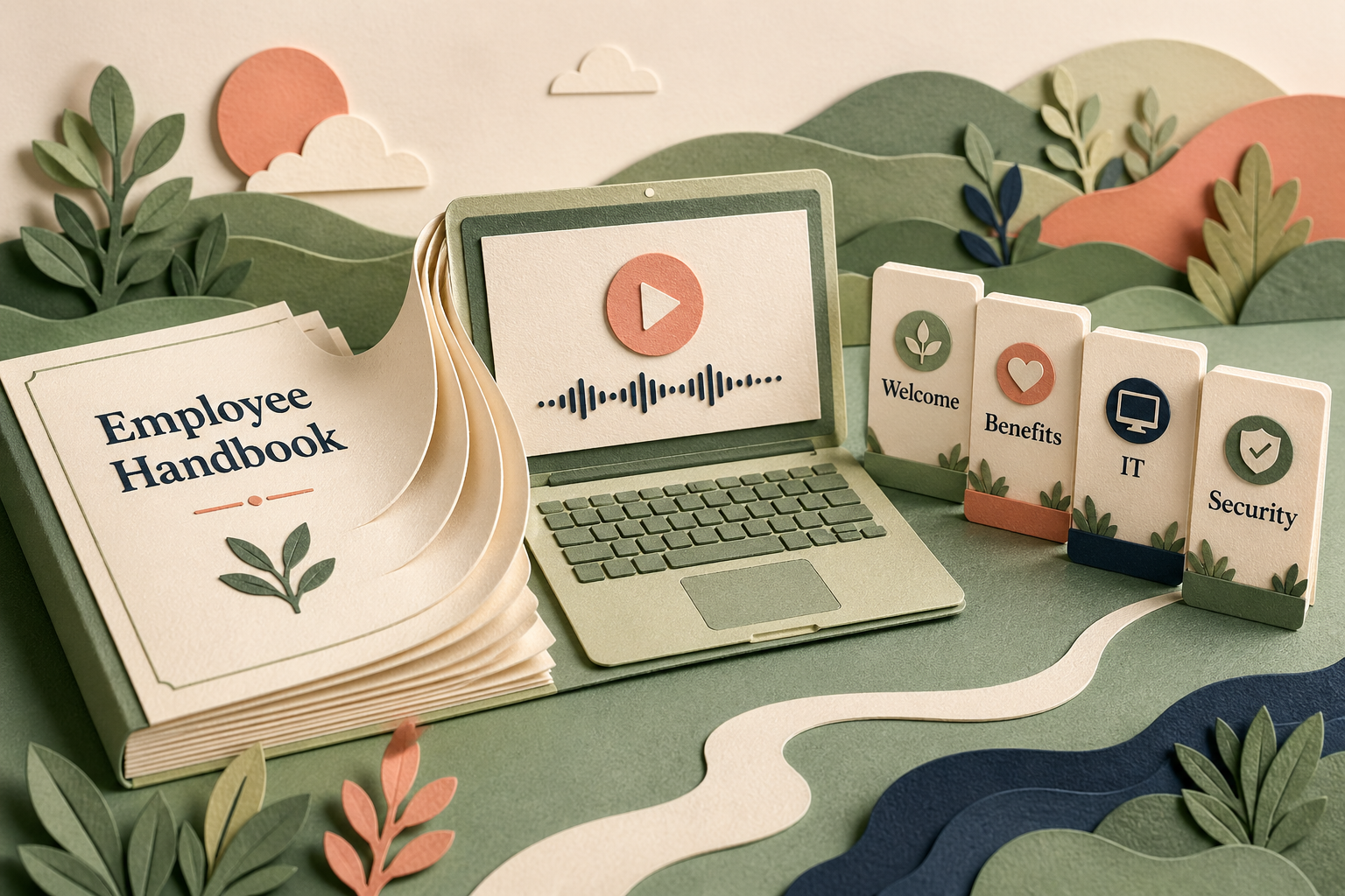 Illustration of an employee handbook PDF transforming into a structured onboarding video course on a laptop, with HR-friendly visuals and a calm narrator wave