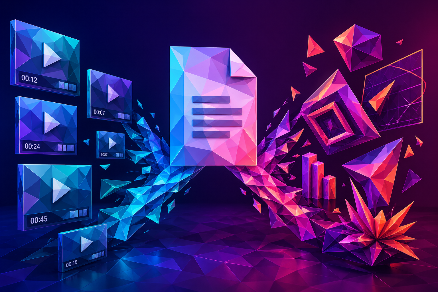 Low-poly 3D illustration of two faceted polygonal video pipelines branching from a single document — one assembling stock footage, the other rendering custom motion graphics — clean geometric facets and gradient lighting