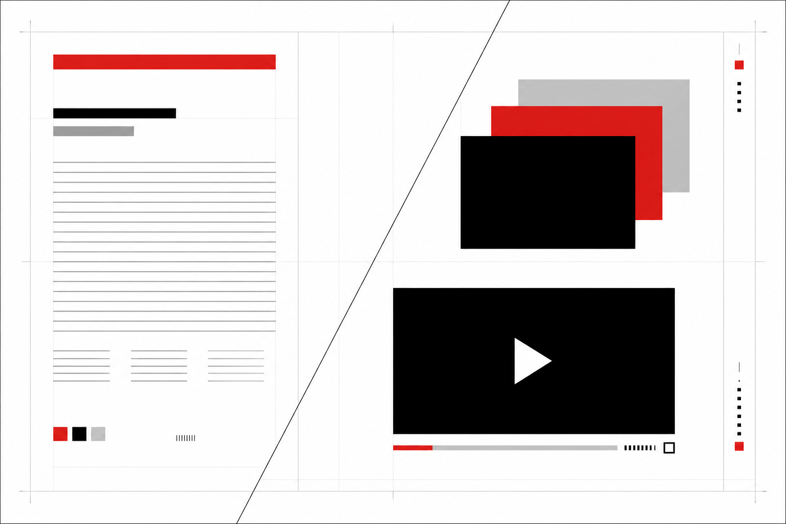 Swiss international typographic style illustration of a document branching into two outputs — a web deck and a video player — with strict grid composition and red-black-white minimalist palette