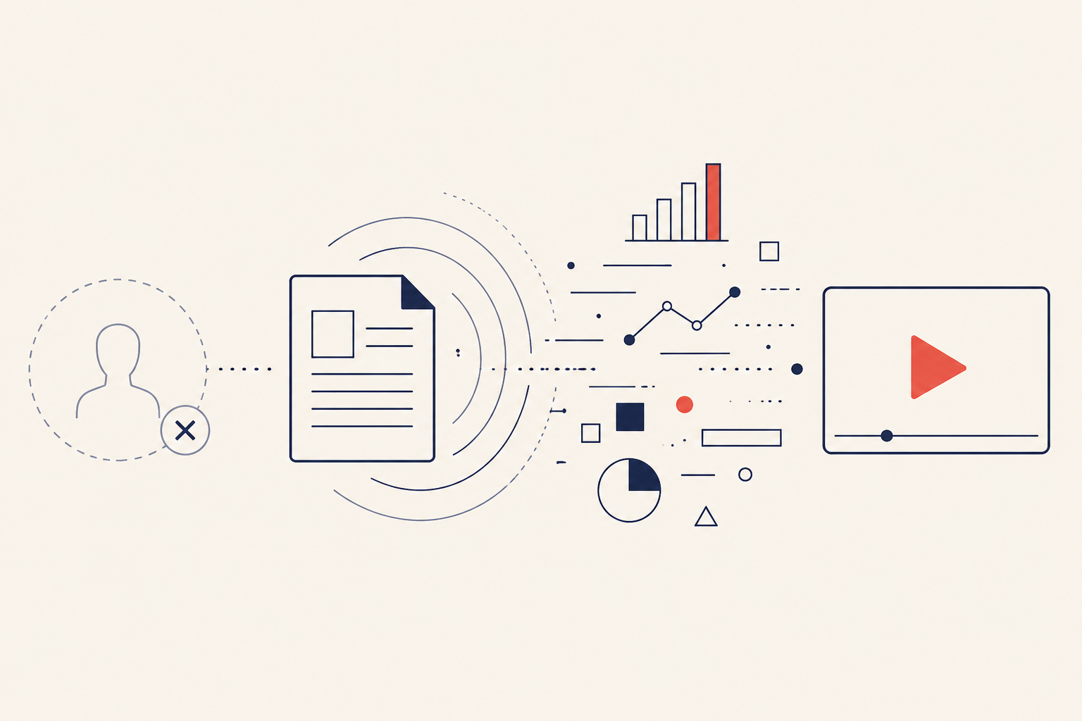 Editorial illustration of documents transforming into a knowledge explainer video with motion graphics — Vibeknow as a HeyGen alternative without avatars