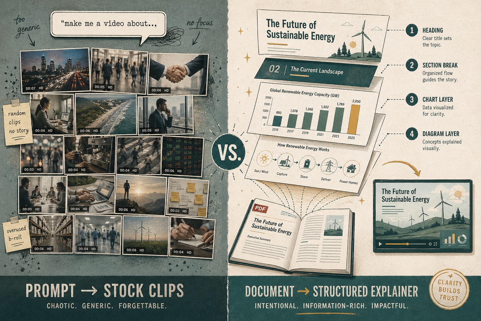 Editorial illustration of a PDF document transforming into a knowledge explainer video — Vibeknow as an InVideo AI alternative