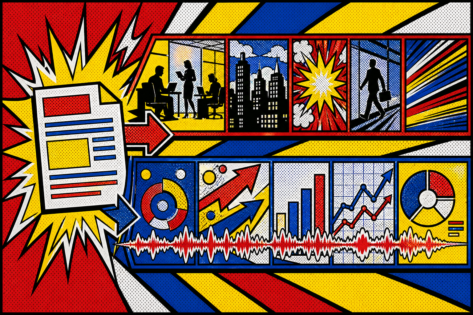 Pop-art halftone-dot illustration in Lichtenstein style of two parallel video pipelines — one stamped with stock-footage marketing reels and text overlays, the other with custom motion graphics — bold black outlines and benday-dot fills