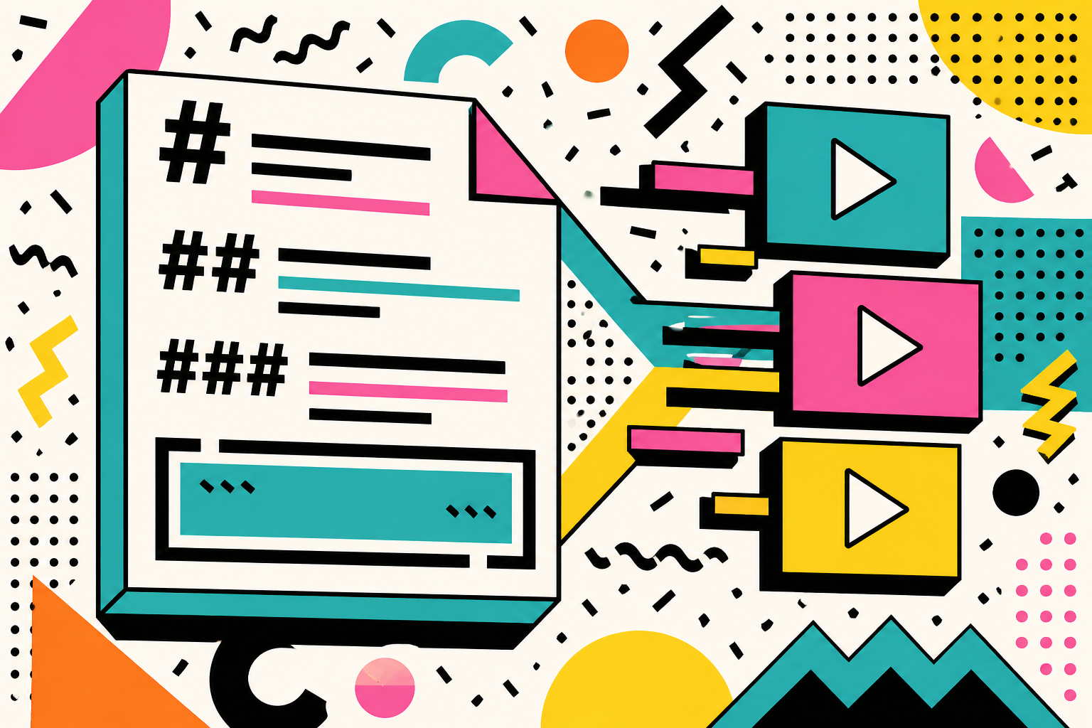 Memphis-design illustration of a Markdown file with hash headings and triple-backtick code blocks transforming into video scenes, with bold geometric shapes and 80s-inflected color palette