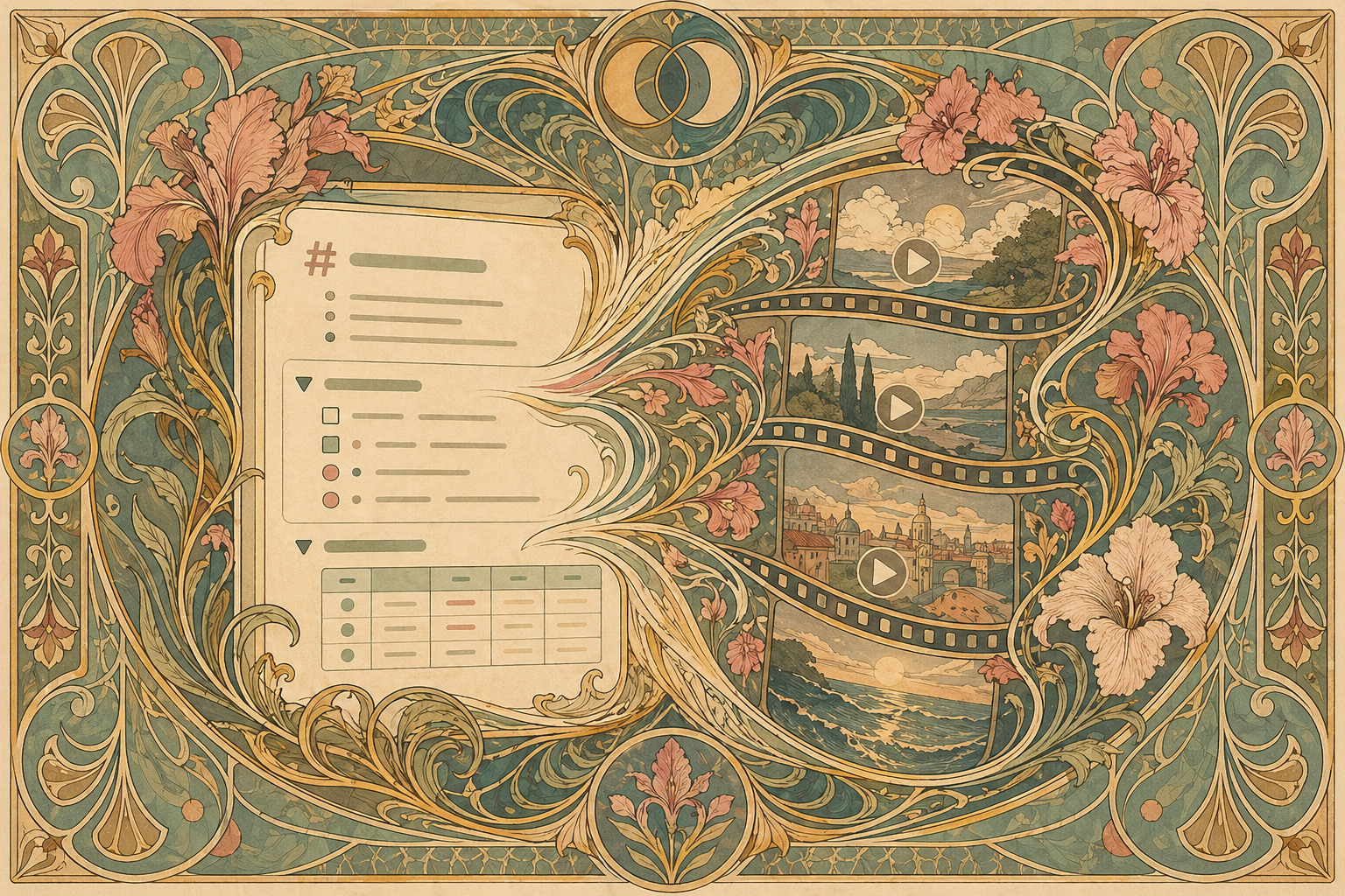 Art-nouveau style illustration of a Notion page with toggles and databases unfurling into the scenes of an AI explainer video, with ornate organic borders and muted earth tones
