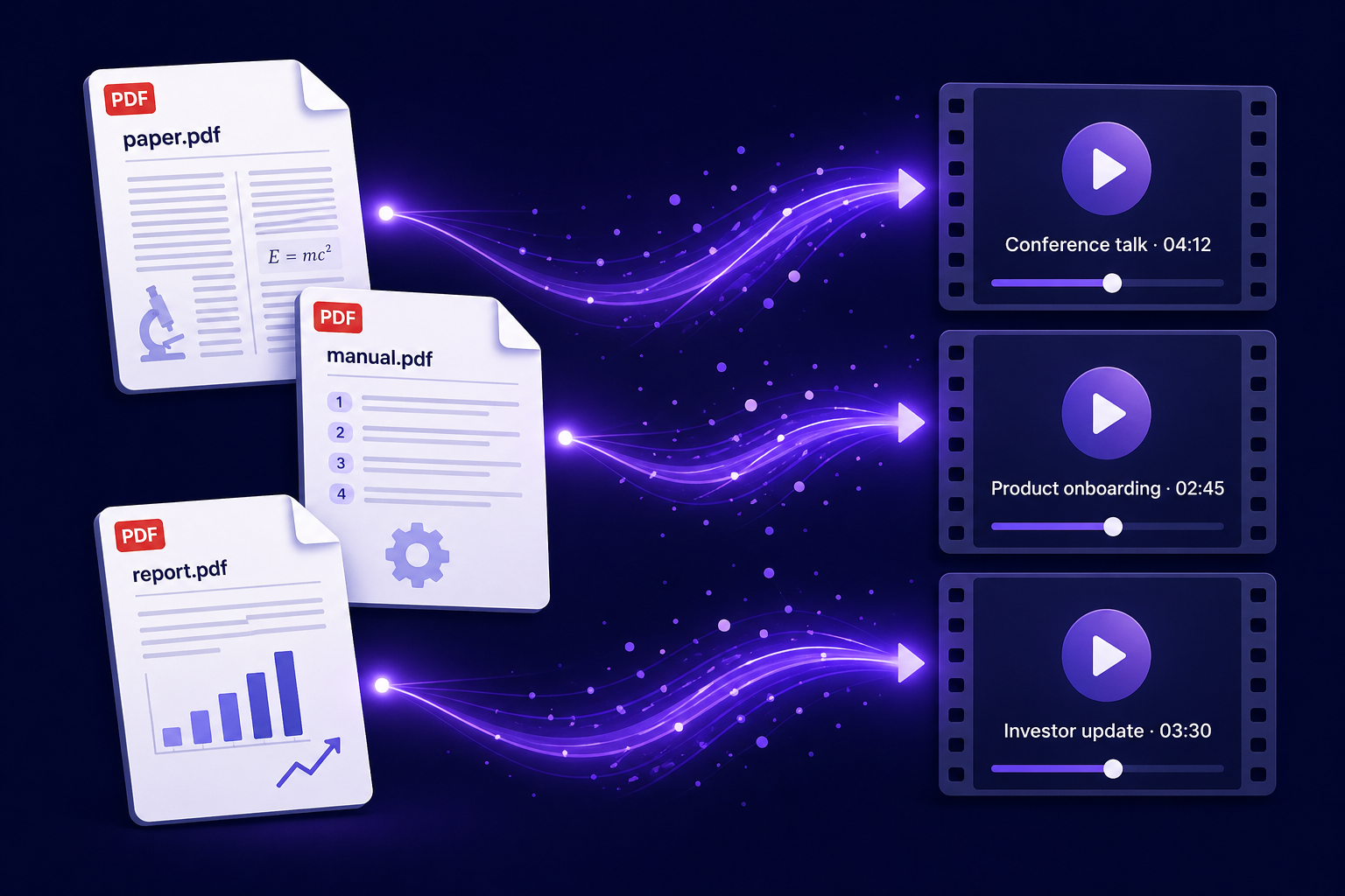 Editorial illustration of three PDF files — a research paper, a product manual, and a business report — transforming into AI explainer videos with Vibeknow
