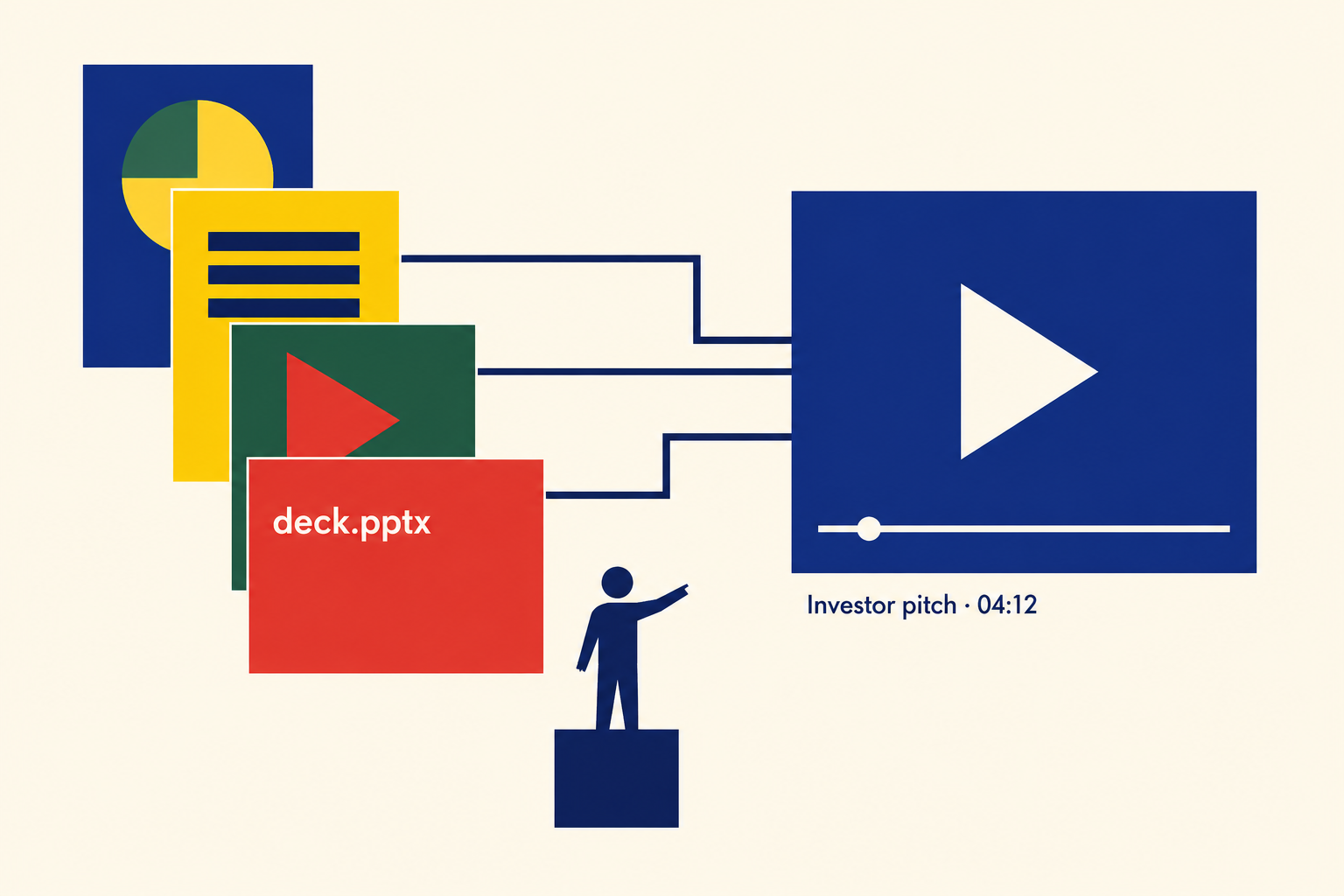Bauhaus-style flat geometric illustration of a fanned stack of slides labeled deck.pptx flowing into a video frame — Vibeknow turns PowerPoint decks into narrated explainer videos