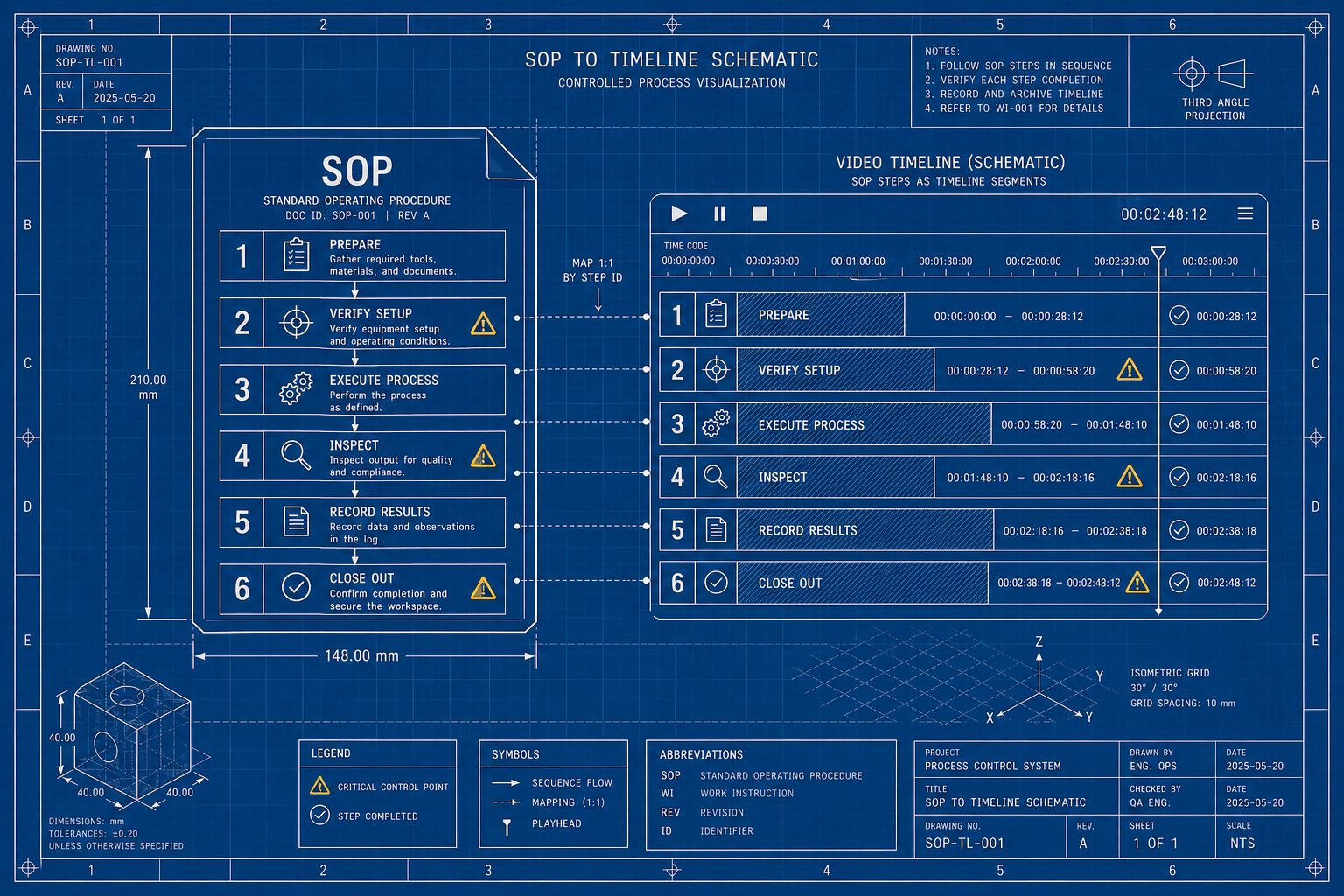 Technical schematic illustration of a standard operating procedure document being converted into a step-by-step training video, with numbered steps, warning callouts, and a checkmark completion log