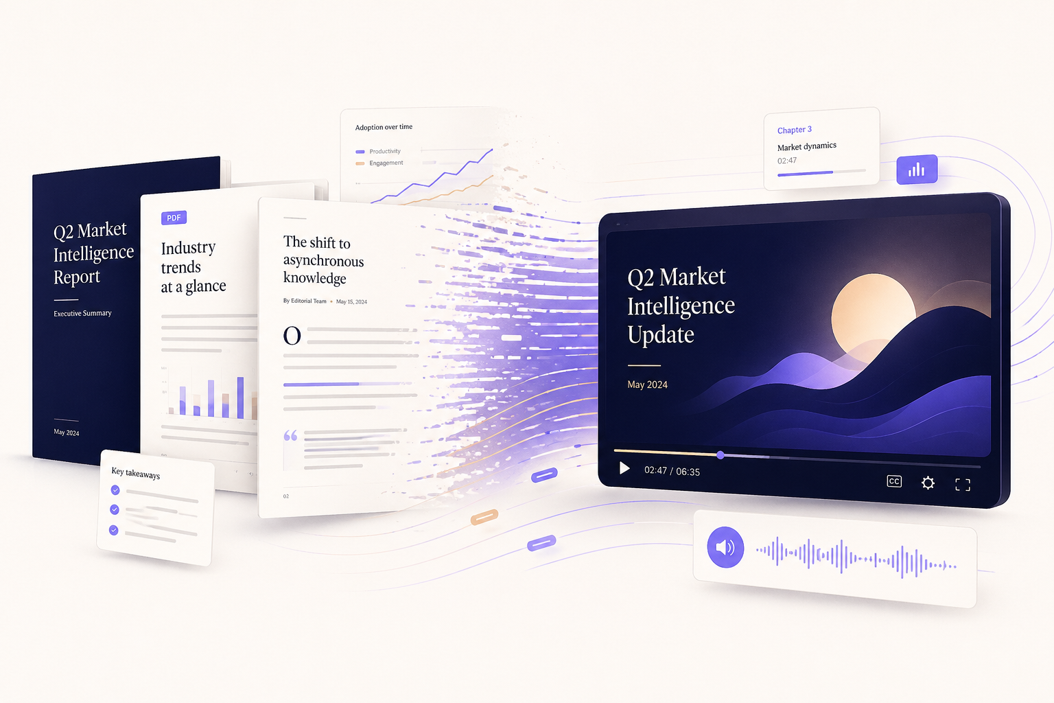 Editorial illustration of documents transforming into an AI explainer video — Vibeknow as a Synthesia alternative