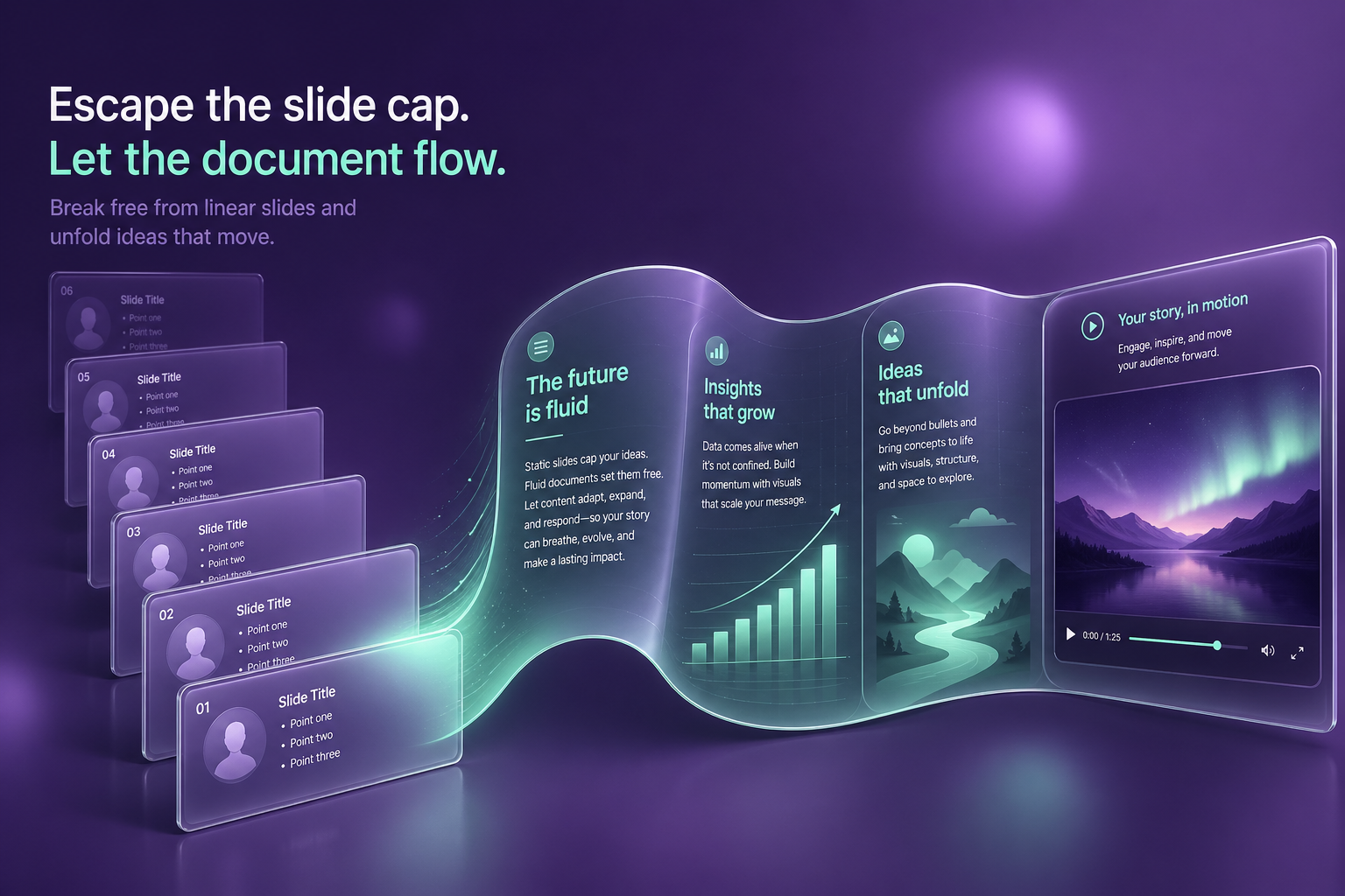 Editorial illustration of a document transforming into a knowledge explainer video with motion graphics — Vibeknow as a Synthesys alternative