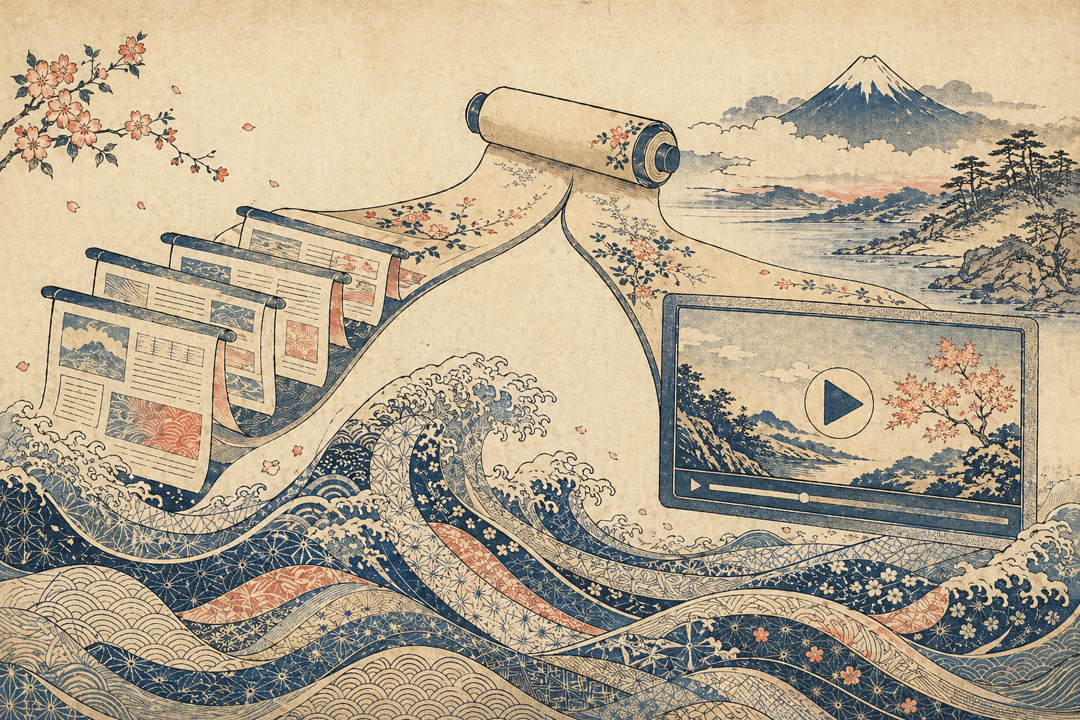 Japanese woodblock-print style illustration of two parallel paths from a document — one branching into an interactive web deck, the other into a video player — under a stylized wave pattern