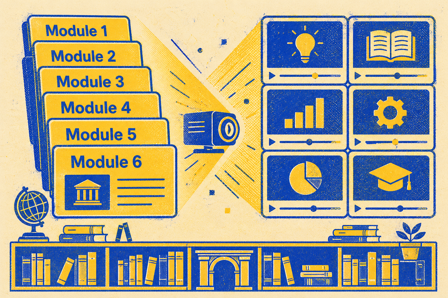 Risograph-style illustration of stacked training course modules — slide decks and instructor notes — flowing into a multi-module video series with progress indicators