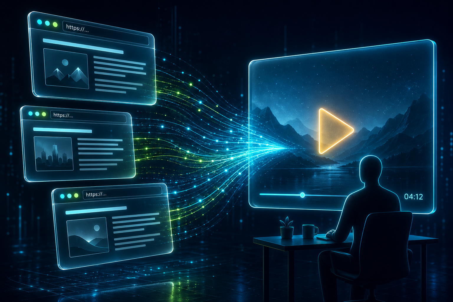 Glassmorphism cyberpunk illustration of three floating browser cards with URLs flowing as glowing data streams into a neon video frame — Vibeknow turns webpages into AI explainer videos