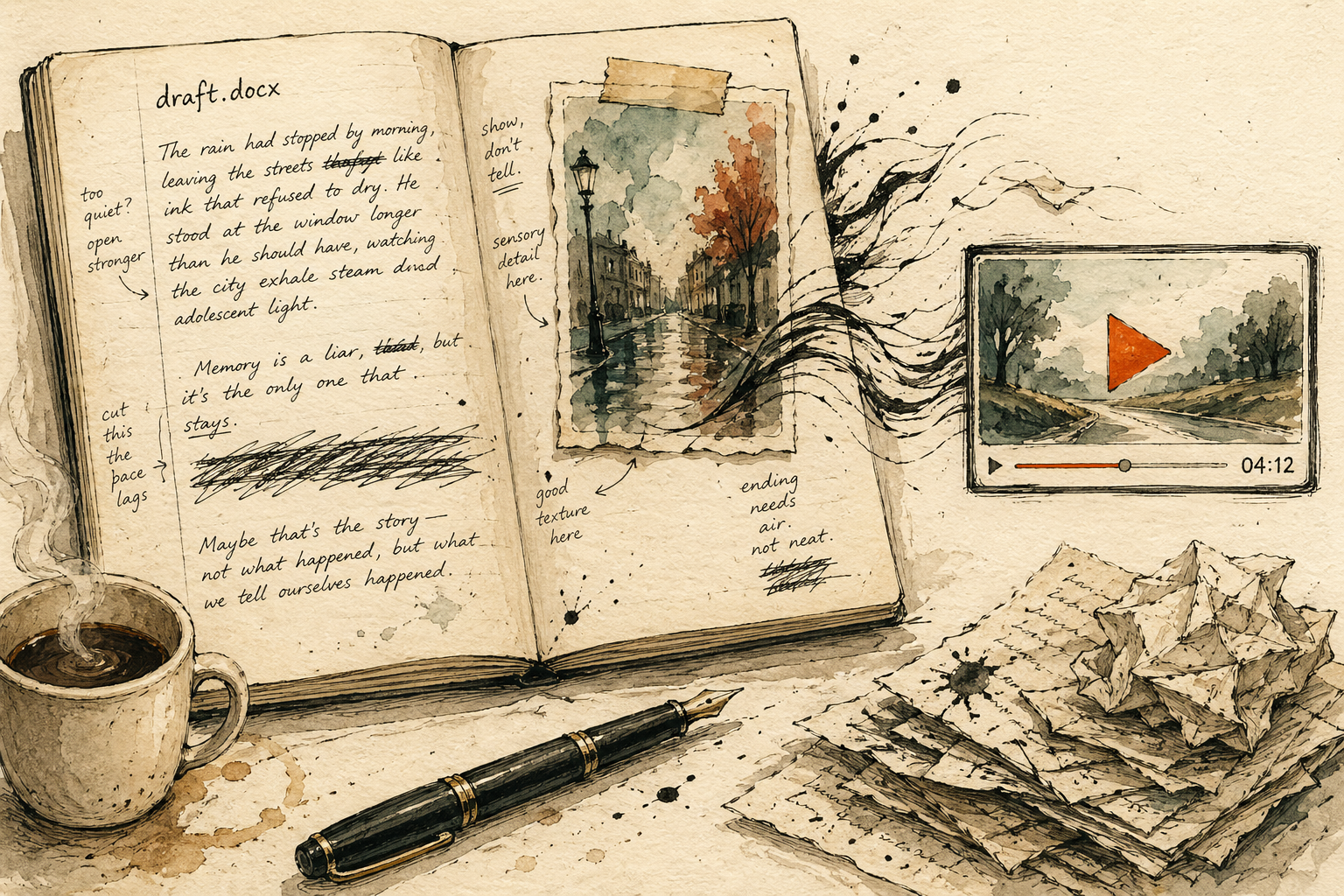 Hand-drawn ink-and-watercolor illustration of a writer's sketchbook with a draft.docx page on the left flowing into a small video frame on the right — Vibeknow turns Word documents into explainer videos